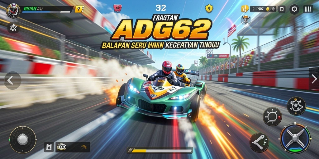 Tampilan seru gameplay balapan ADG62 dengan kendaraan berkecepatan tinggi.