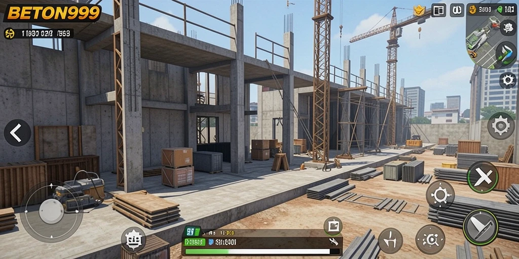 Tampilan gameplay BETON999 saat membangun proyek konstruksi.