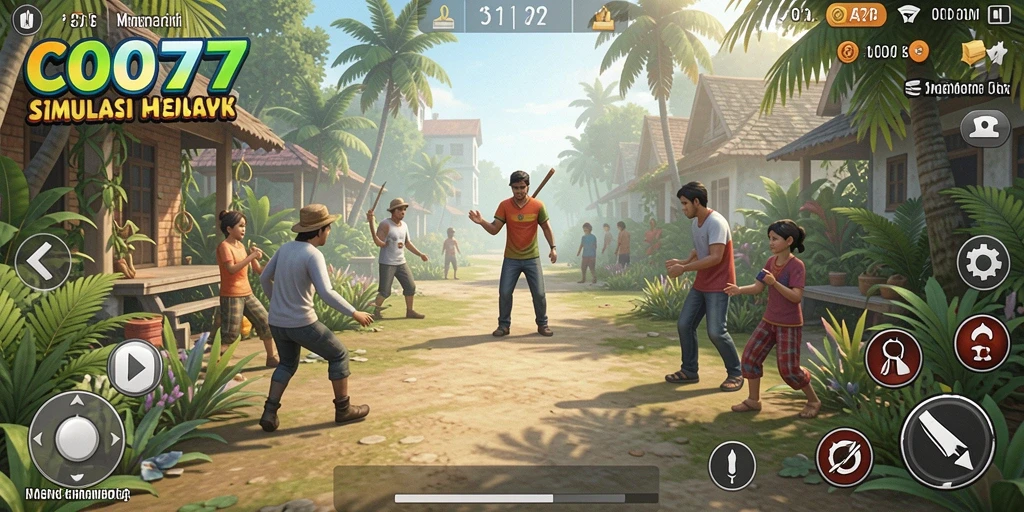 Screenshot gameplay menampilkan karakter berinteraksi dalam simulasi kehidupan.
