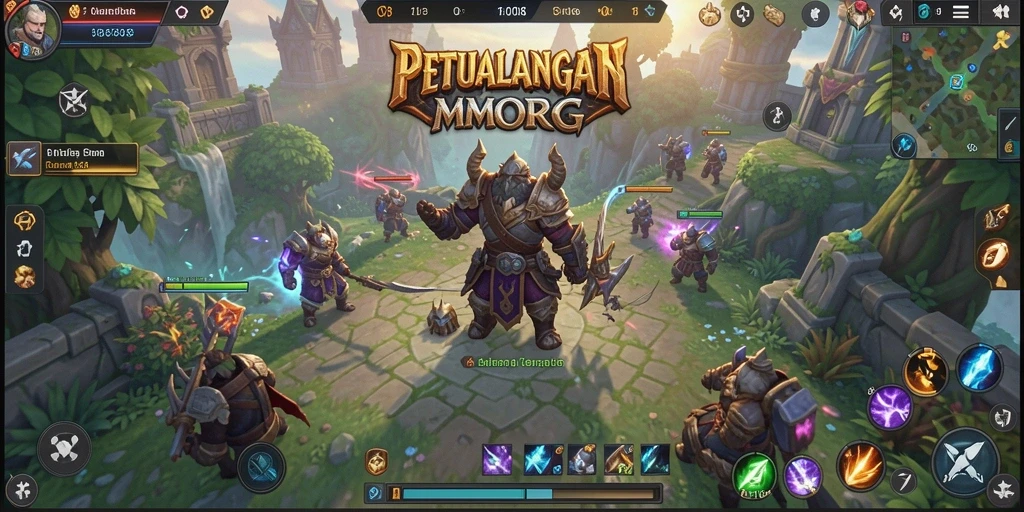 Screenshot F08 menampilkan pertempuran epik dalam dunia fantastis MMORPG.