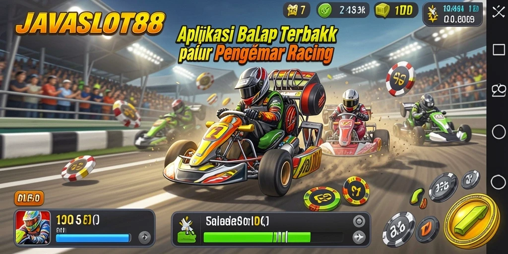Tampilan gameplay seru JAVASLOT88 dengan mobil balap yang cepat.