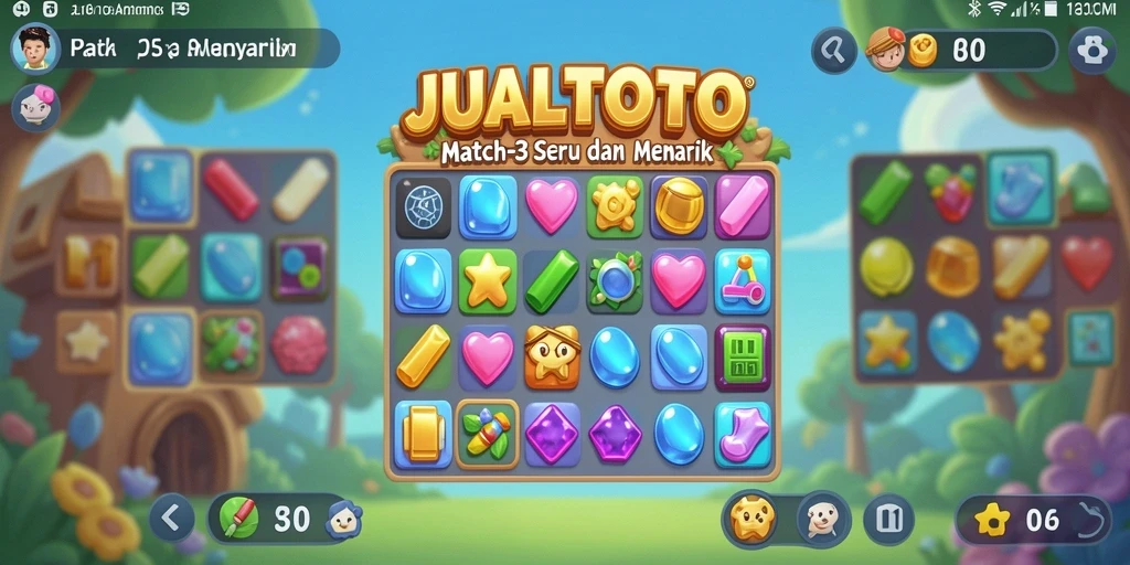 Screenshot utama JUALTOTO menampilkan gameplay seru dan penuh warna dari Match-3.