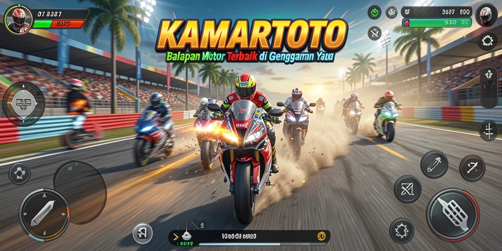 Tangkapan layar KAMARTOTO yang menunjukkan aksi balapan motor yang mendebarkan.