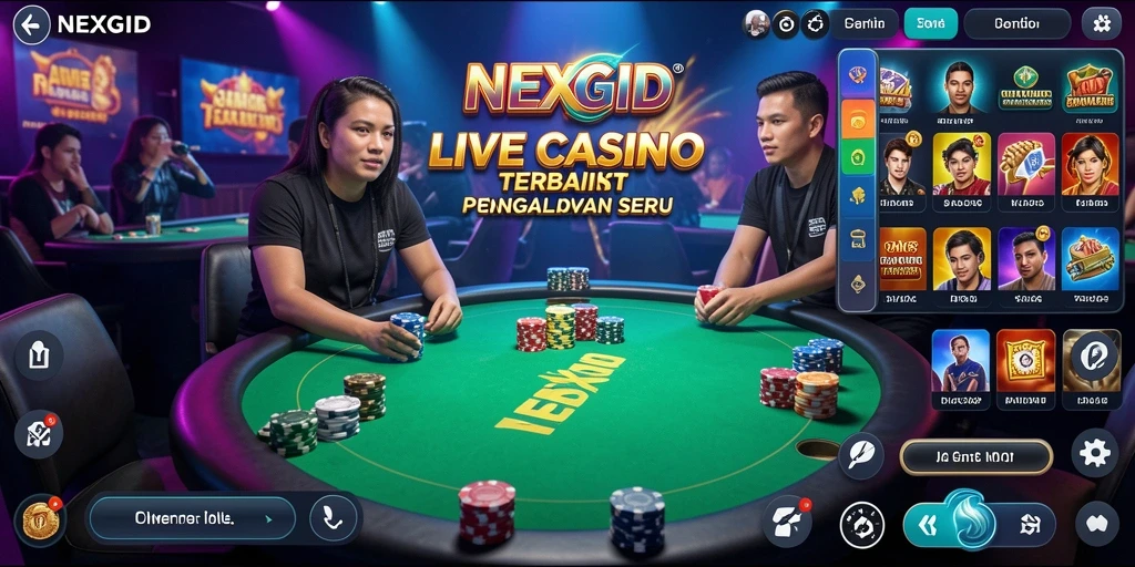 Screenshot gameplay NEXGID menunjukkan dealer langsung dan suasana kasino yang seru.