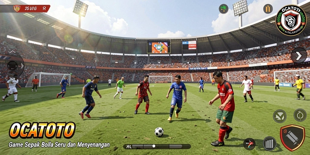 Tangkapan layar gameplay OCATOTO yang menampilkan aksi seru sepak bola.